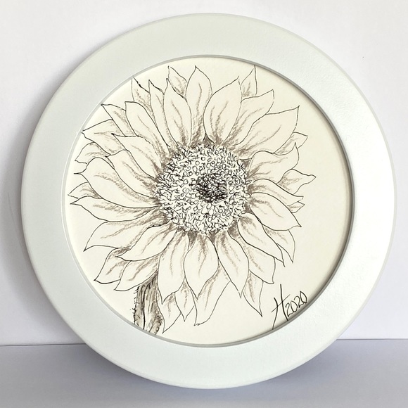Sunflower Mood - Original Art Round Handmade Pen Pencil Painting Framed 7" - Picture 2 of 6